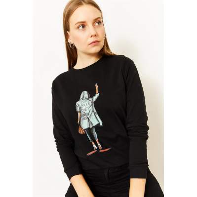 Kadın Siyah Baskılı Sweatshirt