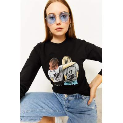 Kadın Siyah Baskılı Sweatshirt